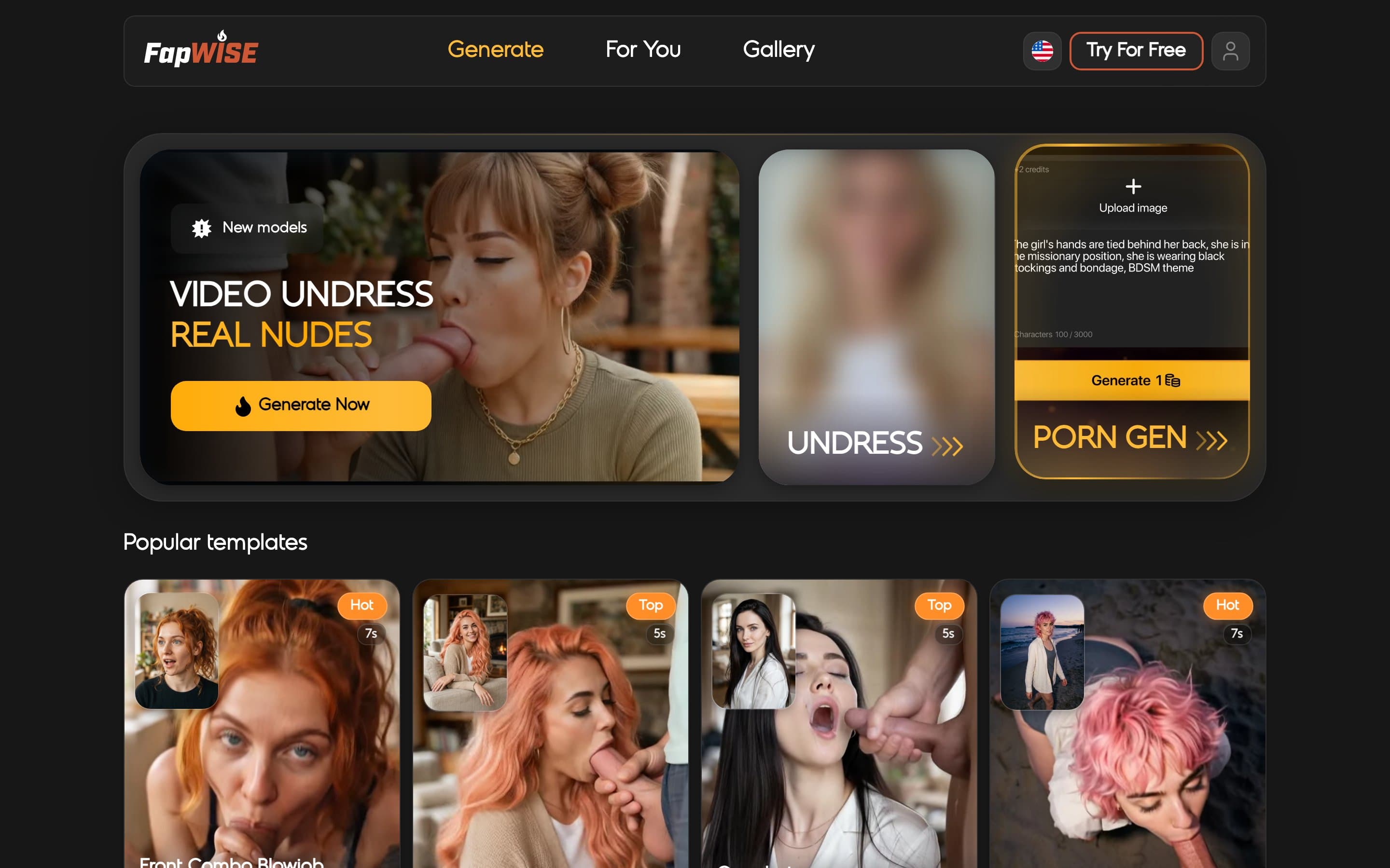 Supplied FapWise Generate page screenshot showing video generation, Undress and Porn Gen entry points, popular templates, and a Try For Free button