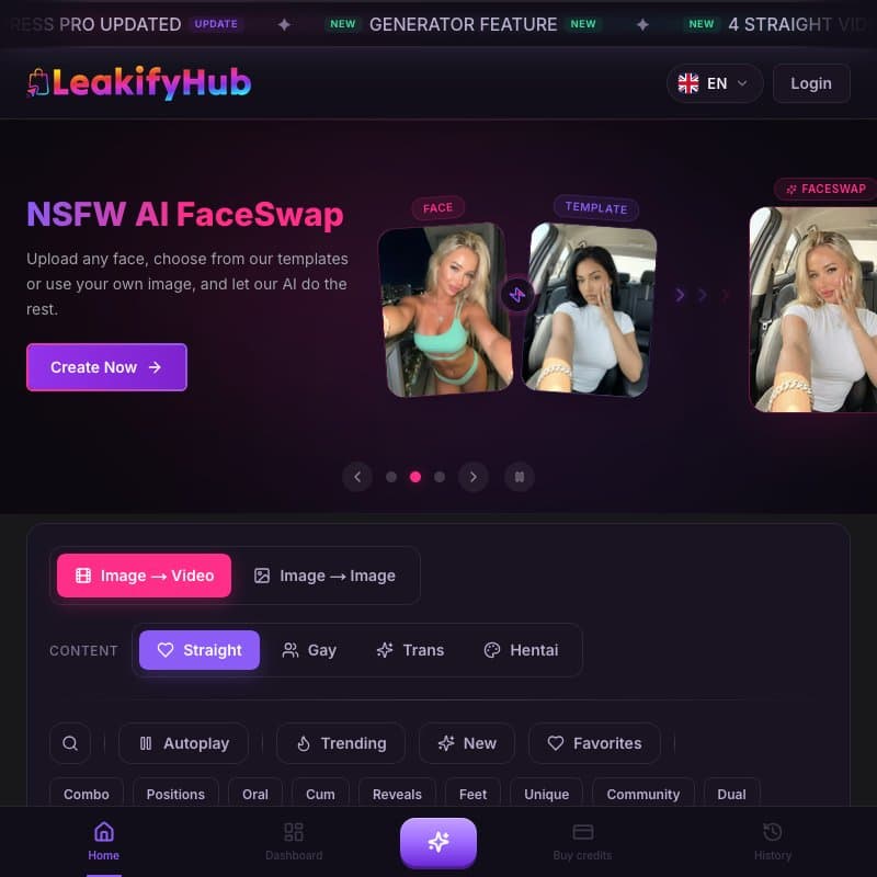 Supplied LeakifyHub homepage screenshot showing a face-swap banner, image and video tabs, and account navigation