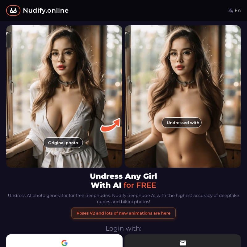 Supplied Nudify.online homepage screenshot showing a side-by-side transformation example and login options