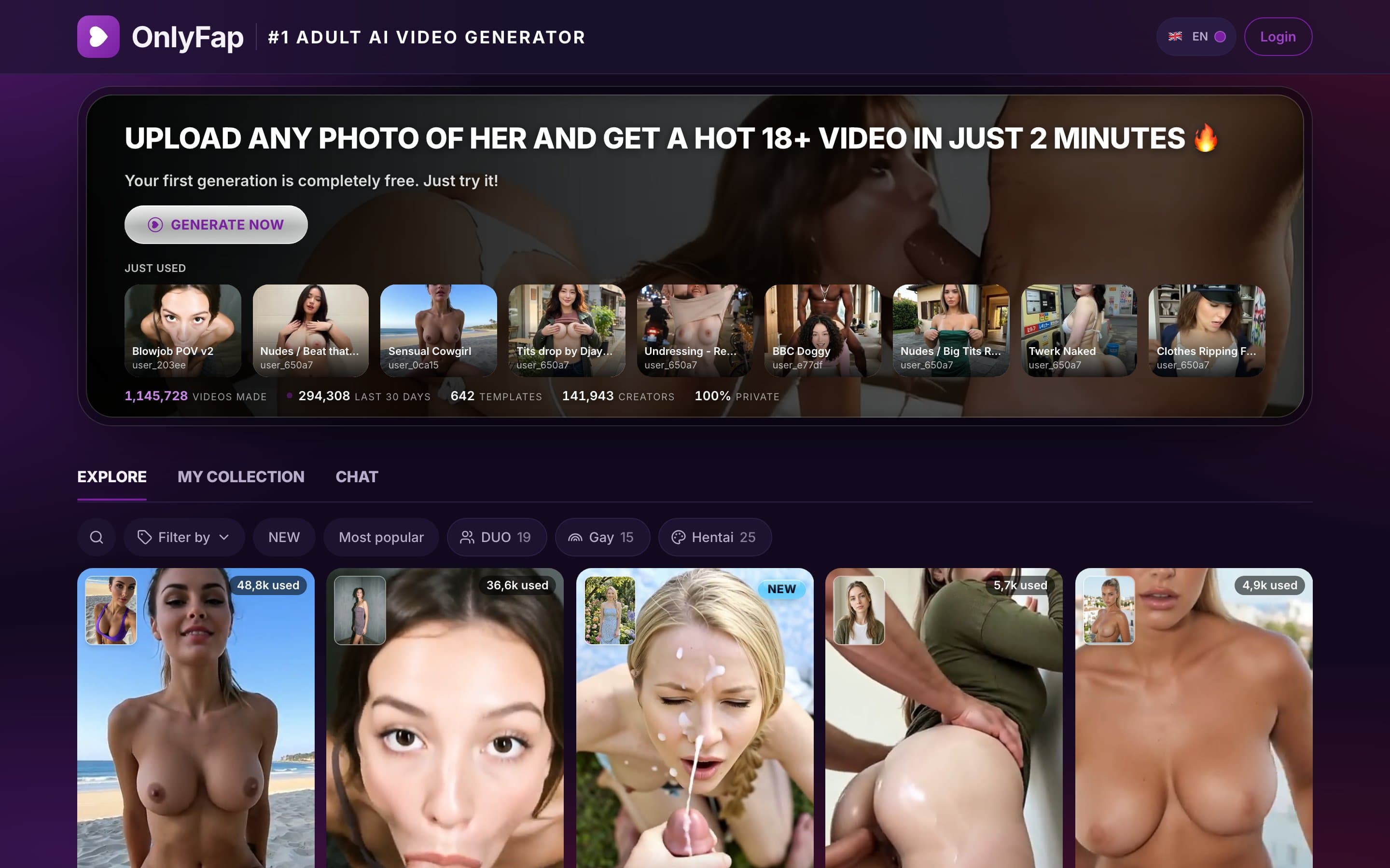 Supplied OnlyFap homepage screenshot showing the hero banner, usage counters, Explore, My Collection, and Chat tabs, and catalog filters