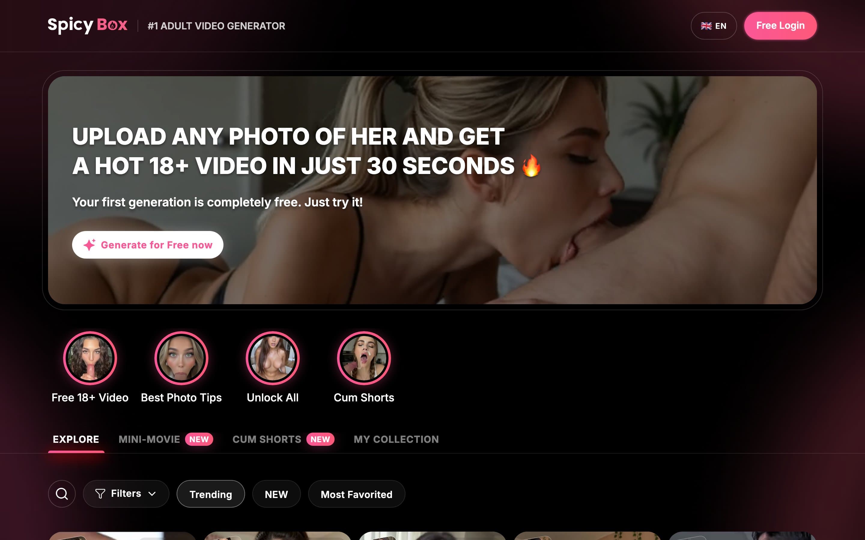 Supplied SpicyBox homepage screenshot showing the promotional banner, category shortcuts, navigation tabs, and gallery filters