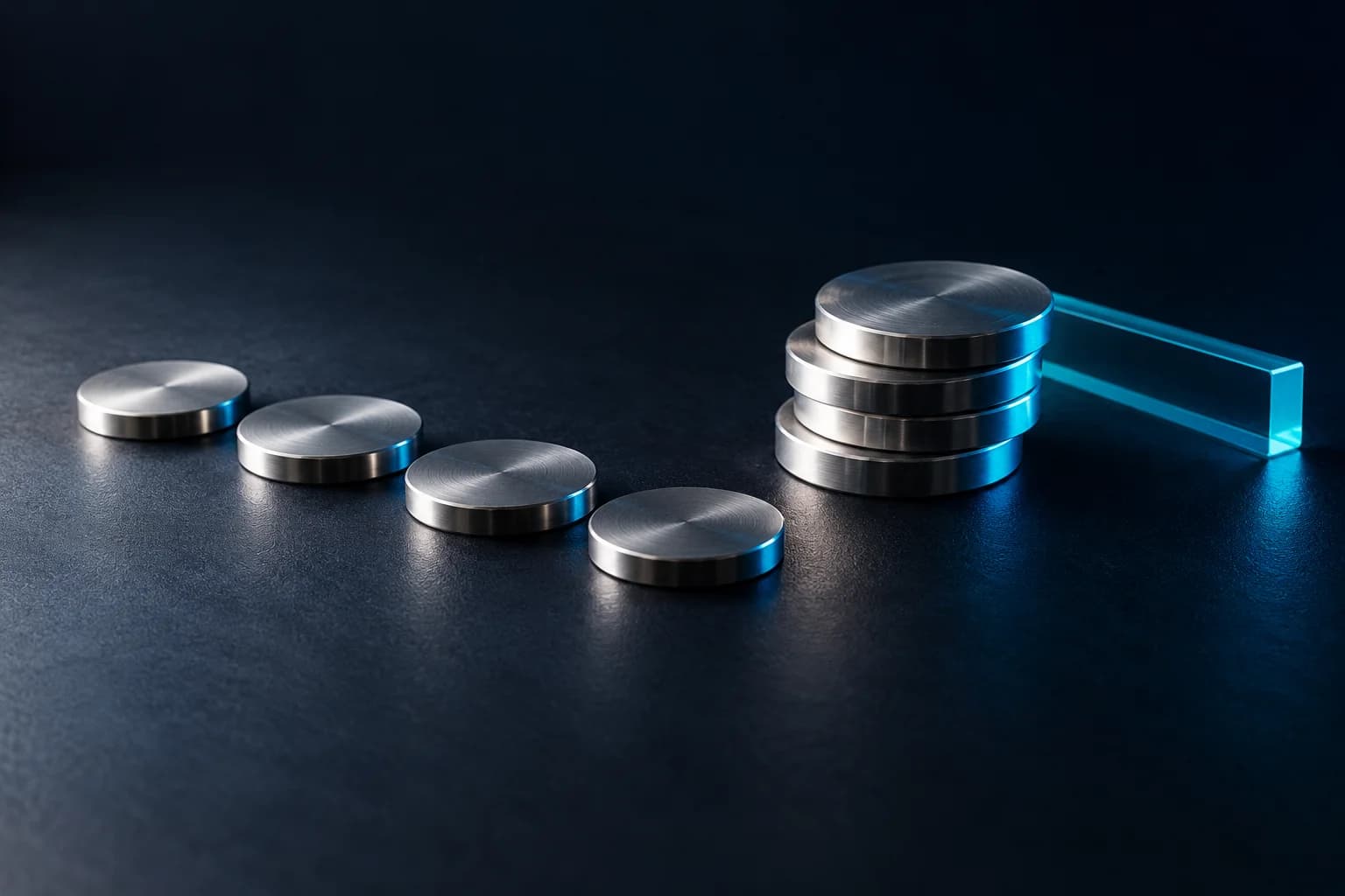 Editorial still life contrasting individual metal tokens with a stack of tokens on a navy surface