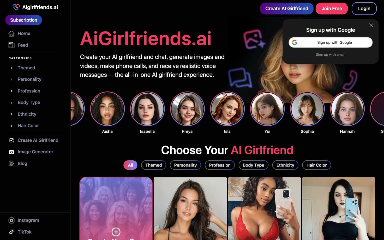 AIGirlfriends.ai homepage with a left menu of Home, Feed, six category groups, Create AI Girlfriend, Image Generator, and Blog, a row of round character portraits, a Choose Your AI Girlfriend filter bar, and a Sign up with Google pop-up