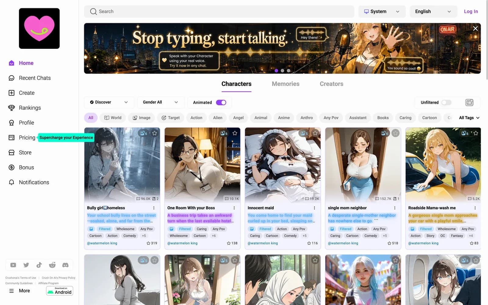 CrushOn AI home page with a voice chat banner, Characters, Memories, and Creators tabs, Gender, Animated, and Unfiltered toggles, tag filters, and a grid of anime-style character cards