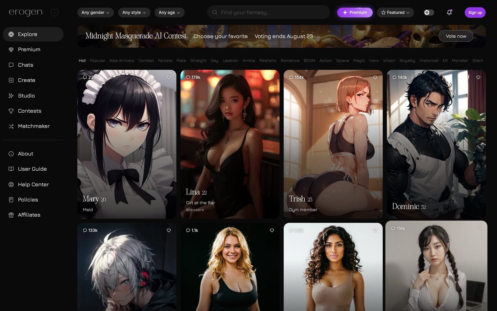 Erogen AI explore page with a Midnight Masquerade AI Contest banner, category tabs from Hot to Giant, character cards showing chat counts, and a left menu with Explore, Premium, Chats, Create, Studio, Contests, and Matchmaker