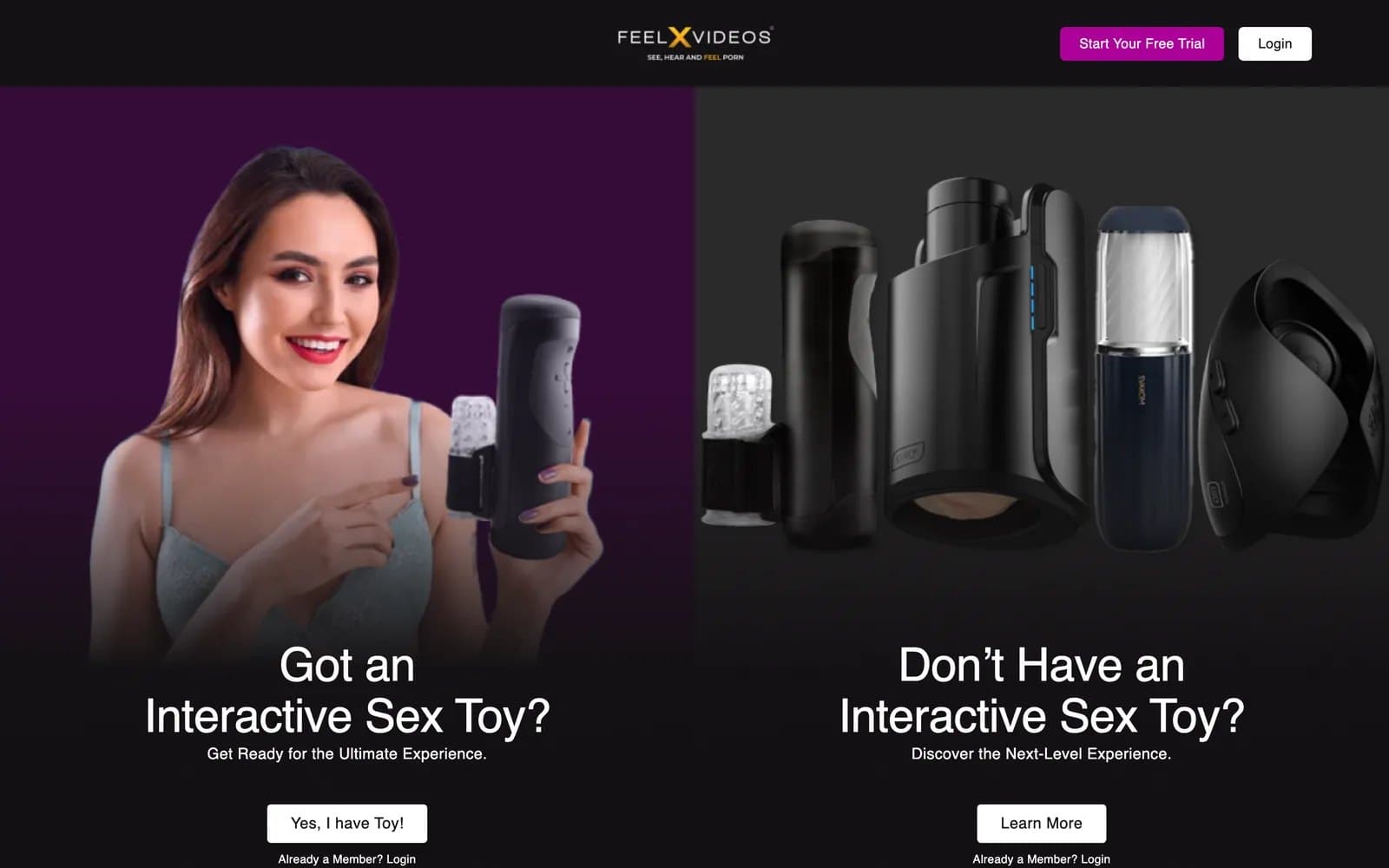 FeelXVideos welcome page split into two panels: 'Got an Interactive Sex Toy?' with a 'Yes, I have Toy!' button beside a model holding a stroker, and 'Don't Have an Interactive Sex Toy?' with a 'Learn More' button above a row of stroker devices, with Start Your Free Trial and Login buttons in the header