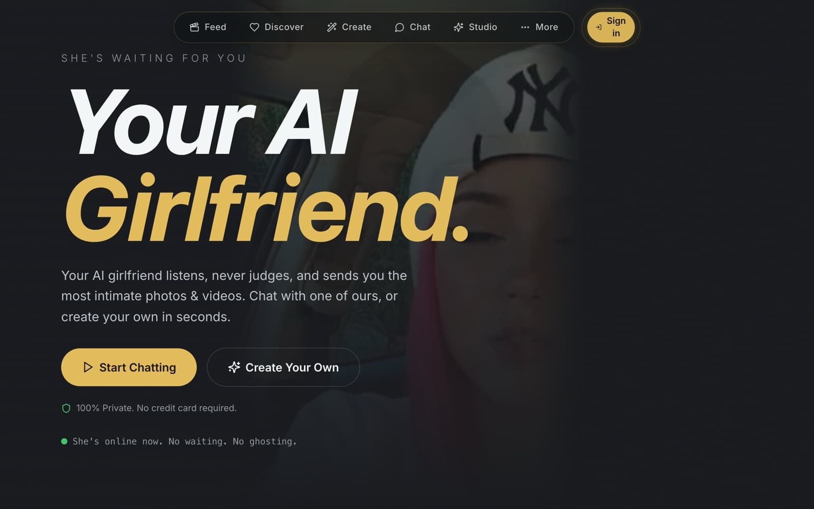 HeyGF homepage with a Feed, Discover, Create, Chat, Studio, and More menu, a Sign in button, the headline Your AI Girlfriend, Start Chatting and Create Your Own buttons, and a note reading 100% Private. No credit card required.