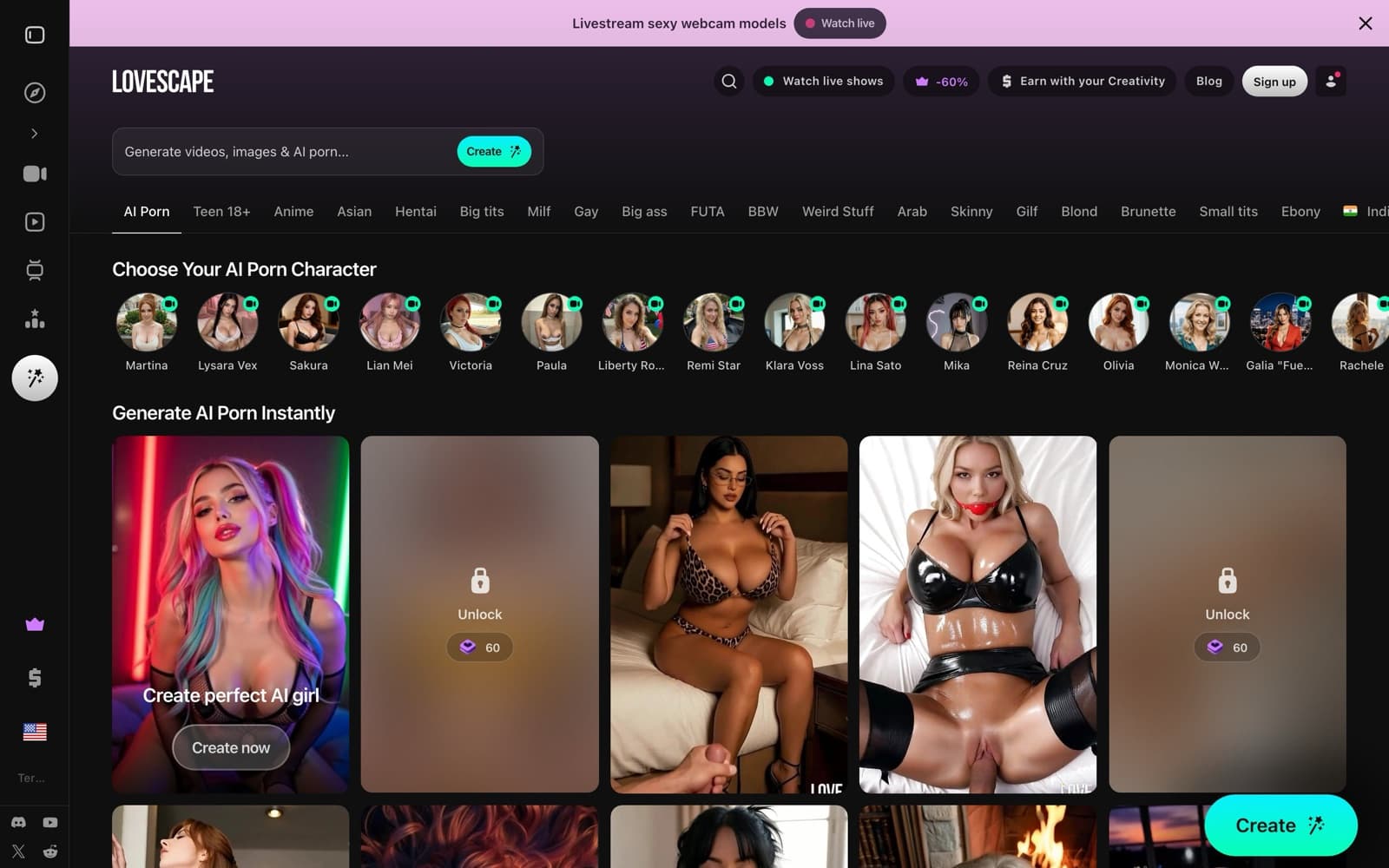 Lovescape homepage with a prompt bar and Create button, category tabs, a row of named character avatars, and a grid of generated images, two of them locked behind Unlock buttons marked 60
