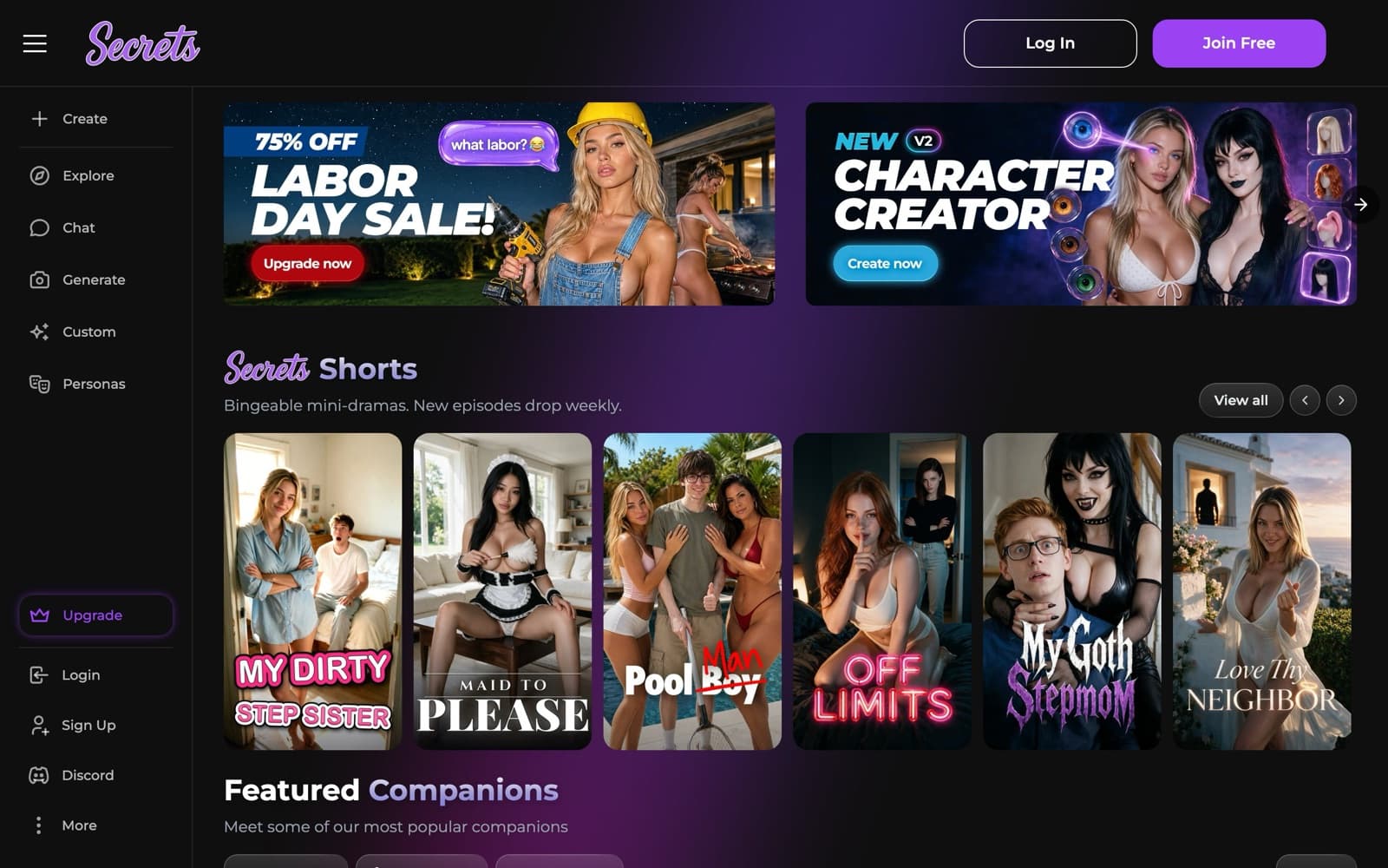 Secrets AI homepage with a left menu listing Create, Explore, Chat, Generate, Custom, Personas, Upgrade, and Discord, banners for a 75% off Labor Day sale and a new V2 Character Creator, a Secrets Shorts row of six mini-drama covers, and the start of a Featured Companions section
