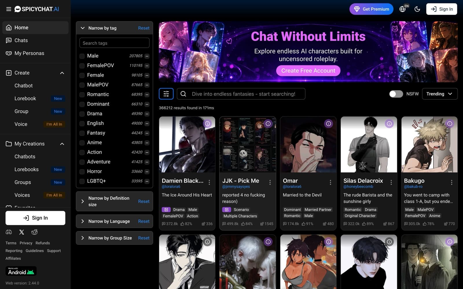SpicyChat AI homepage with a left menu for Chats, Personas, and Create, a Narrow by tag filter panel with counts, an NSFW toggle, 366,212 search results, and a grid of anime-style character cards