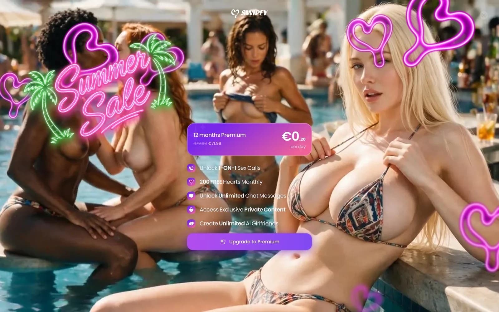 Swipey AI Premium upgrade screen with a Summer Sale banner, a 12-month Premium offer at €71.99 shown as €0.20 per day, a list of Premium perks including 200 free Hearts monthly, and an Upgrade to Premium button over a poolside image