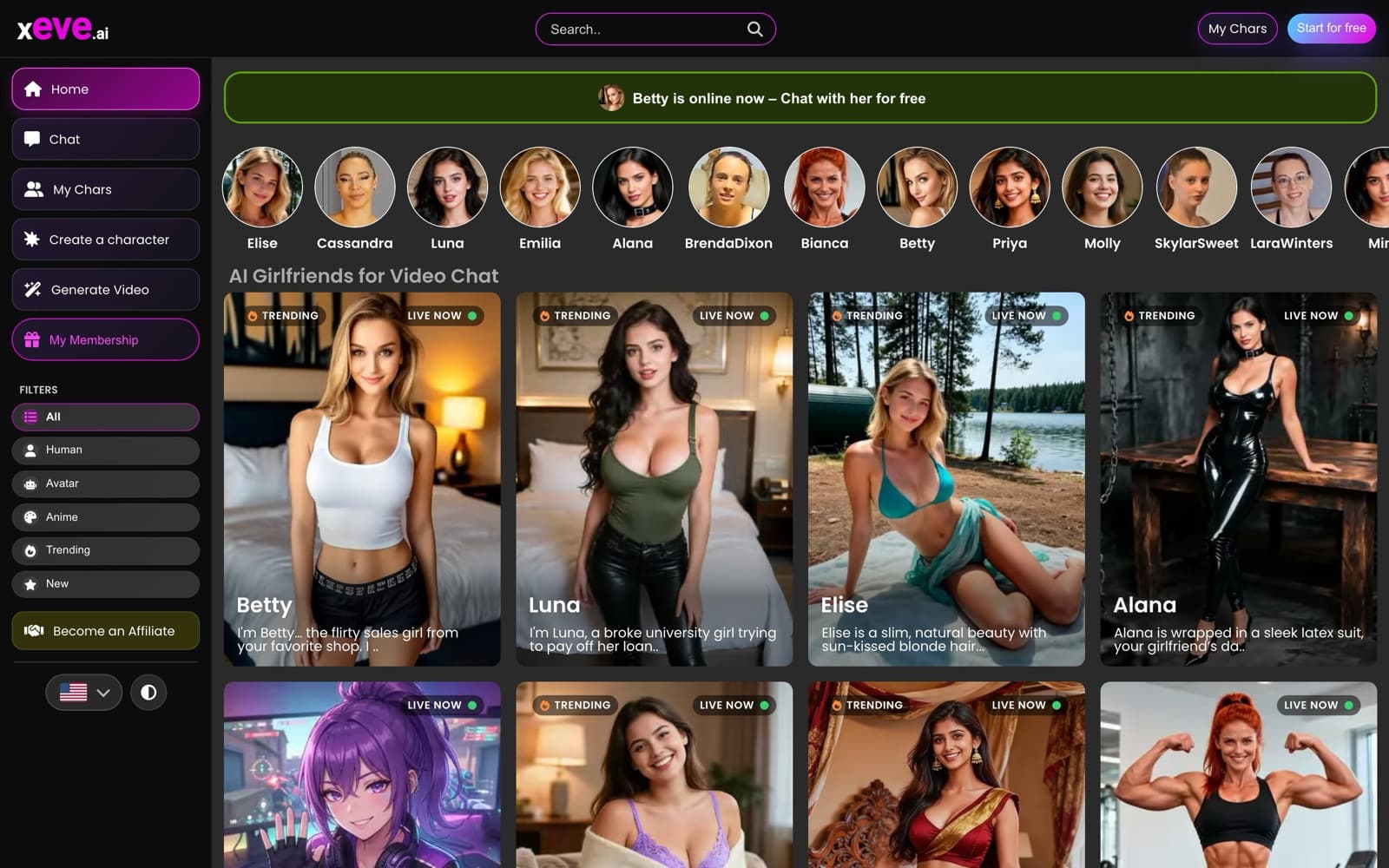 Xeve.ai homepage with a row of round character avatars, an AI Girlfriends for Video Chat grid of cards marked Trending and Live Now, a Betty is online now banner, and a left menu with Chat, My Chars, Create a character, Generate Video, My Membership, and Human, Avatar, and Anime filters